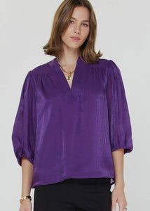 Stand Collar Split Neck Puff Sleeve Blouse