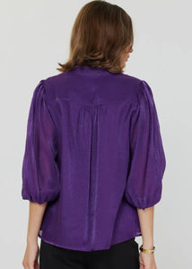 Stand Collar Split Neck Puff Sleeve Blouse