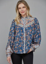 Load image into Gallery viewer, Printed Button Down High Neck Ruffle Blouse
