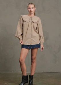 Beige Frill Collar Cotton Blouse