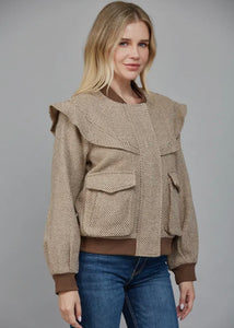 Perforated Pattern Ruffle Detail Bomber Jacket