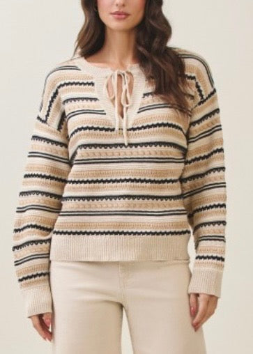 Front Tie Detail Stripe Sweater Top