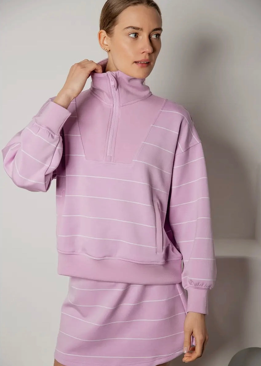 Blossom Stripe Quarter Zip Mock Neck Pullover