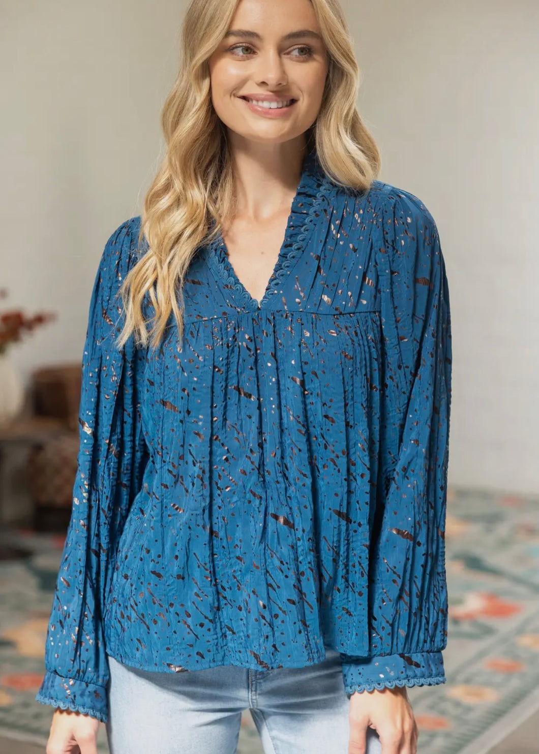 Pintucked Scallop Trim Detail Top