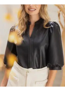 Quarter Puff Sleeve Faux Leather Top