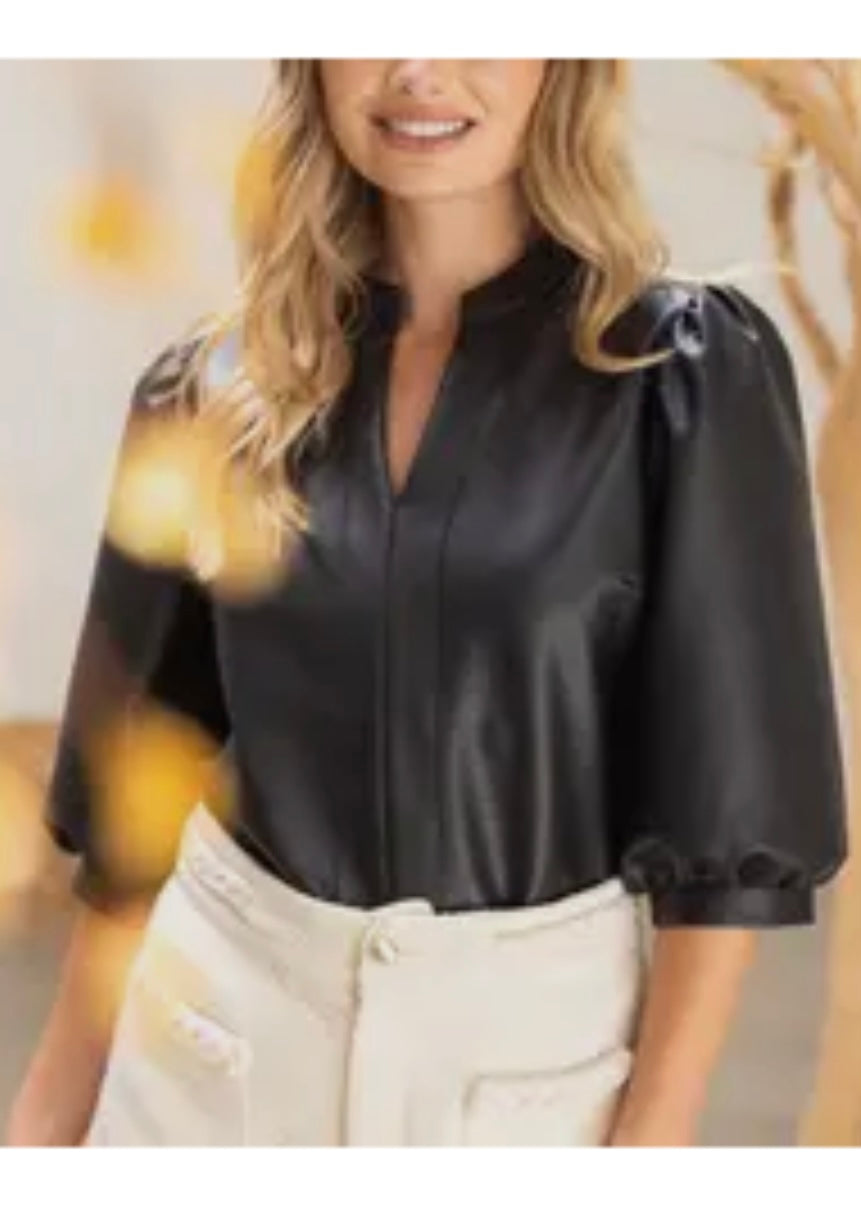 Quarter Puff Sleeve Faux Leather Top