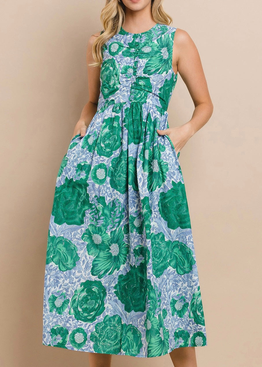 Green and Blue Floral Midi Dress