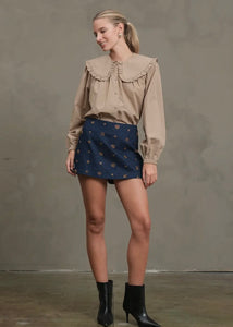 Embellished Quilted Denim Mini Skort