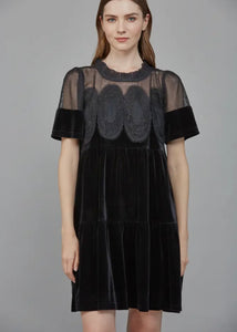 Black Lace Detail Velvet Dress