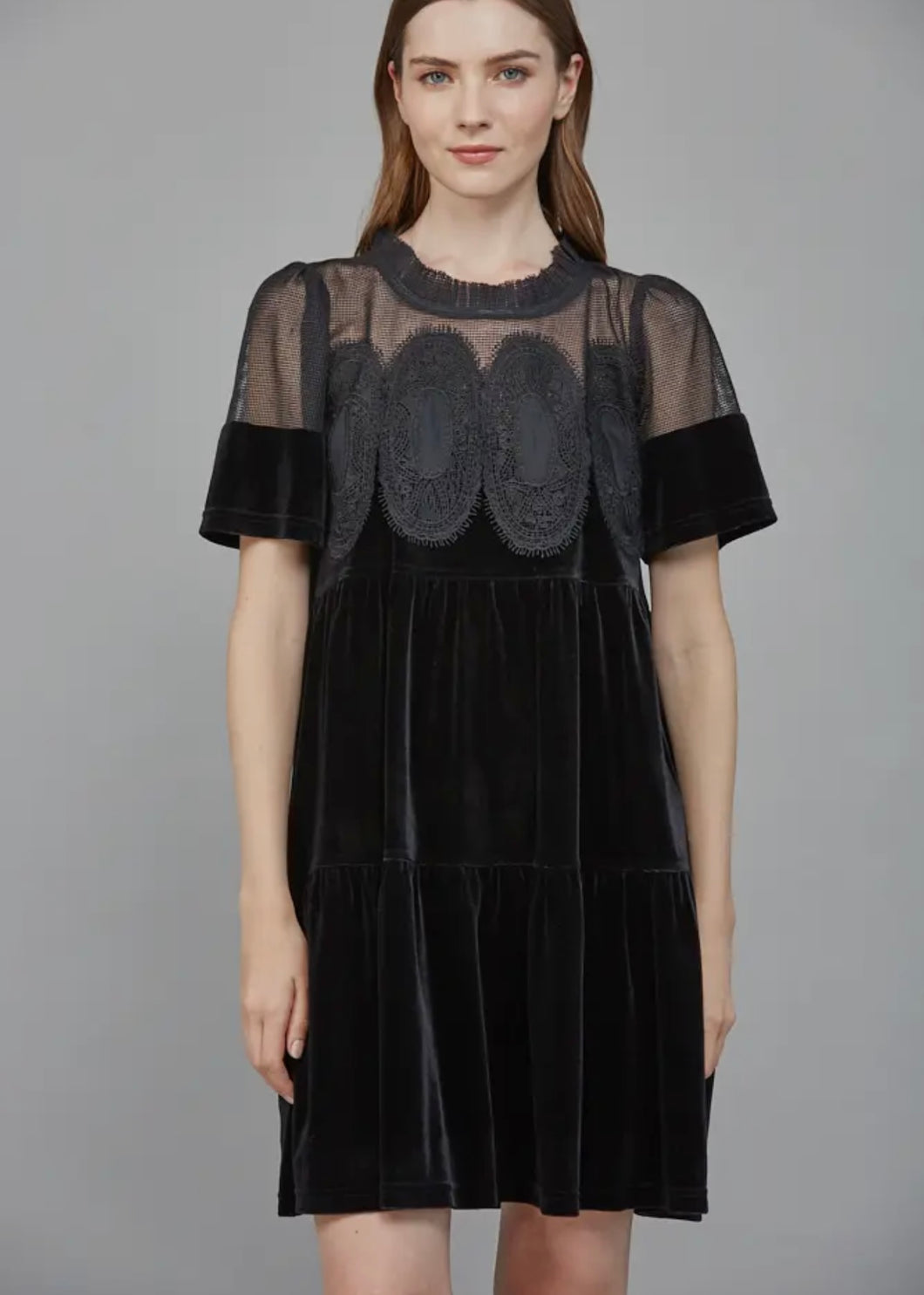 Black Lace Detail Velvet Dress