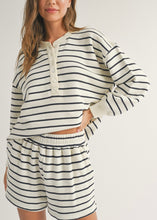 Load image into Gallery viewer, Navy Striped Terry Half Button Top
