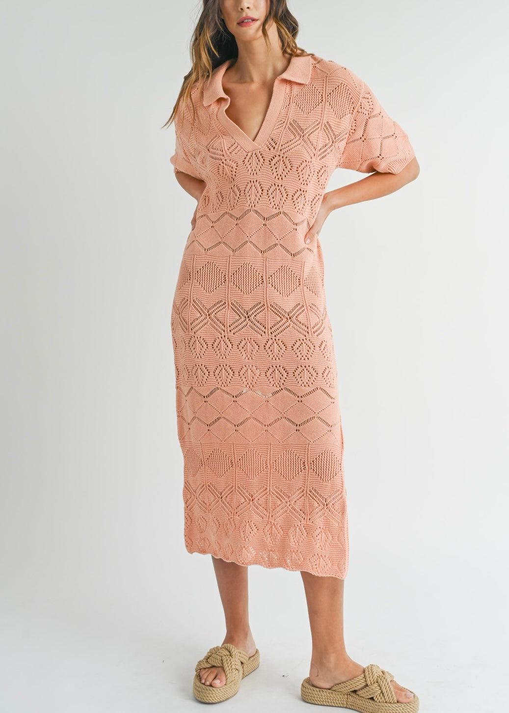 Peach Crochet Sweater Midi Dress