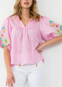 Pink Puff Sleeve Embroidered Top