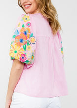 Load image into Gallery viewer, Pink Puff Sleeve Embroidered Top
