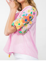 Load image into Gallery viewer, Pink Puff Sleeve Embroidered Top
