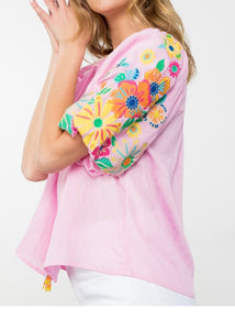 Pink Puff Sleeve Embroidered Top