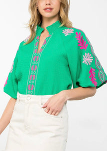 Green Embroidered Puff Sleeve Textured Top