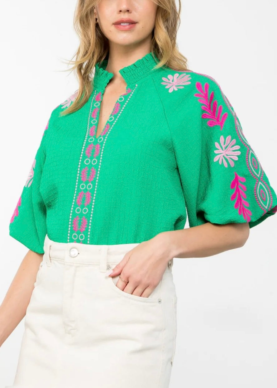 Green Embroidered Puff Sleeve Textured Top