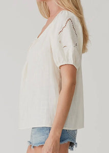 Cut Out Embroidered Puff Sleeve Top