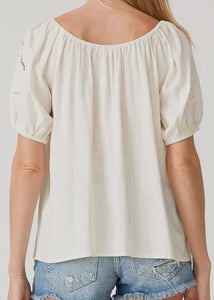 Cut Out Embroidered Puff Sleeve Top