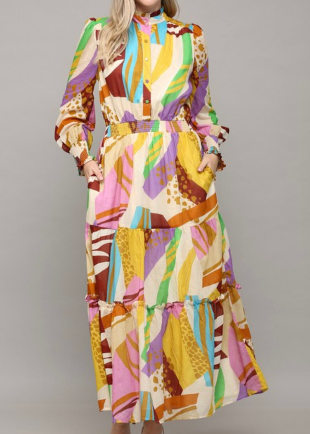 Abstract Print Button Front Maxi Dress