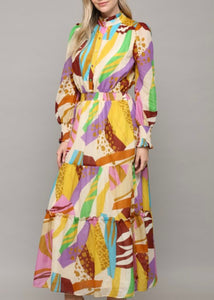 Abstract Print Button Front Maxi Dress