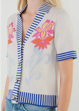 Load image into Gallery viewer, Knit Floral Stripe Trim Button Top
