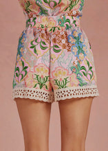 Load image into Gallery viewer, Garden Party Crochet Trim Satin Shorts
