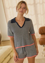 Load image into Gallery viewer, Navy Striped Contrast Trim Polo Sweater Top
