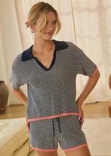 Load image into Gallery viewer, Navy Striped Contrast Trim Polo Sweater Top
