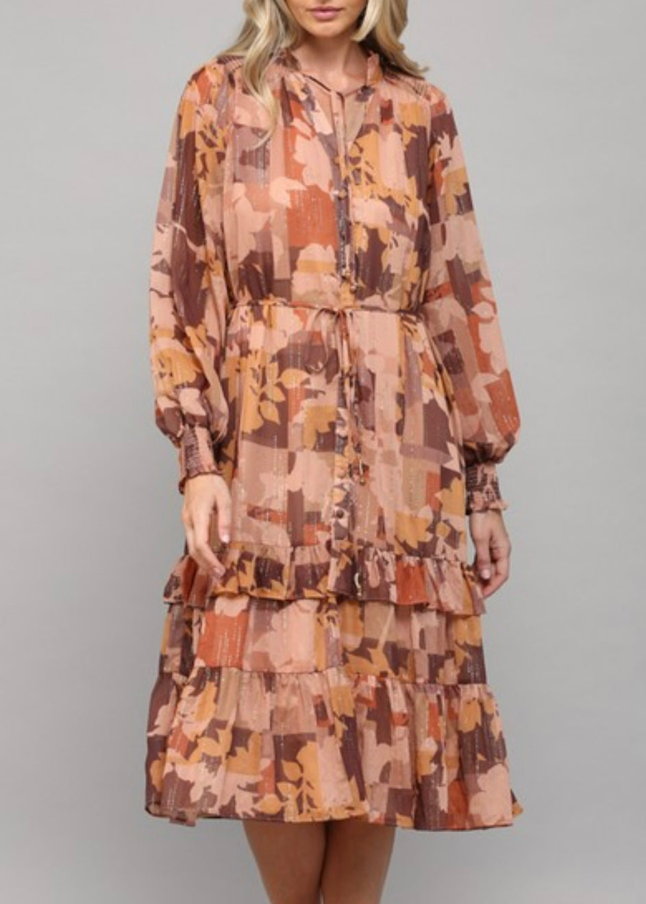 Brown Abstract Print Button Front Dress