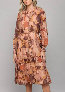 Brown Abstract Print Button Front Dress