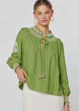 Load image into Gallery viewer, Embroidered Detail Split Neck Tassel Tie Blouse
