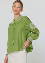Load image into Gallery viewer, Embroidered Detail Split Neck Tassel Tie Blouse
