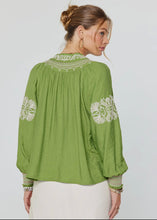 Load image into Gallery viewer, Embroidered Detail Split Neck Tassel Tie Blouse
