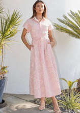 Load image into Gallery viewer, Striped Embroidered Eyelet Midi Shirt Dress
