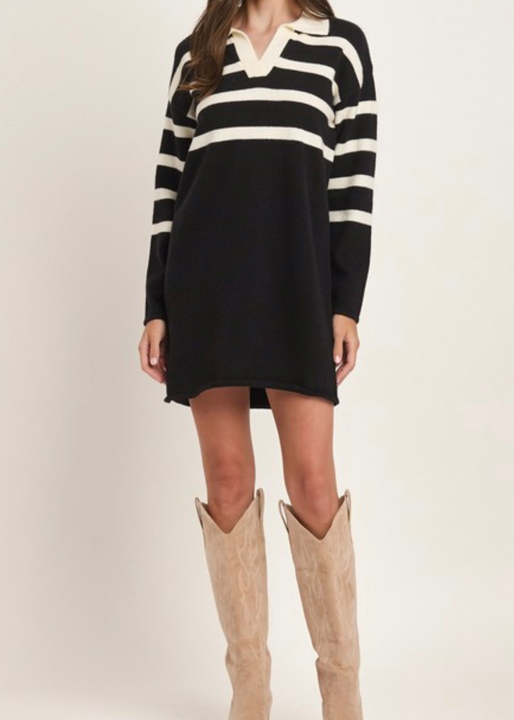 Stripe Collar Mini Sweater Dress