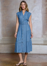 Load image into Gallery viewer, Collared Button Down Tiered Belted Midi Dress
