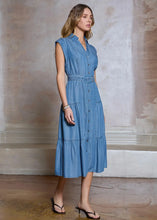 Load image into Gallery viewer, Collared Button Down Tiered Belted Midi Dress
