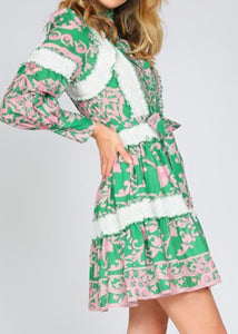 Green Floral Print Smocked Dress