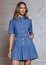 Load image into Gallery viewer, Collared Button Up Tiered Belted Mini Dress

