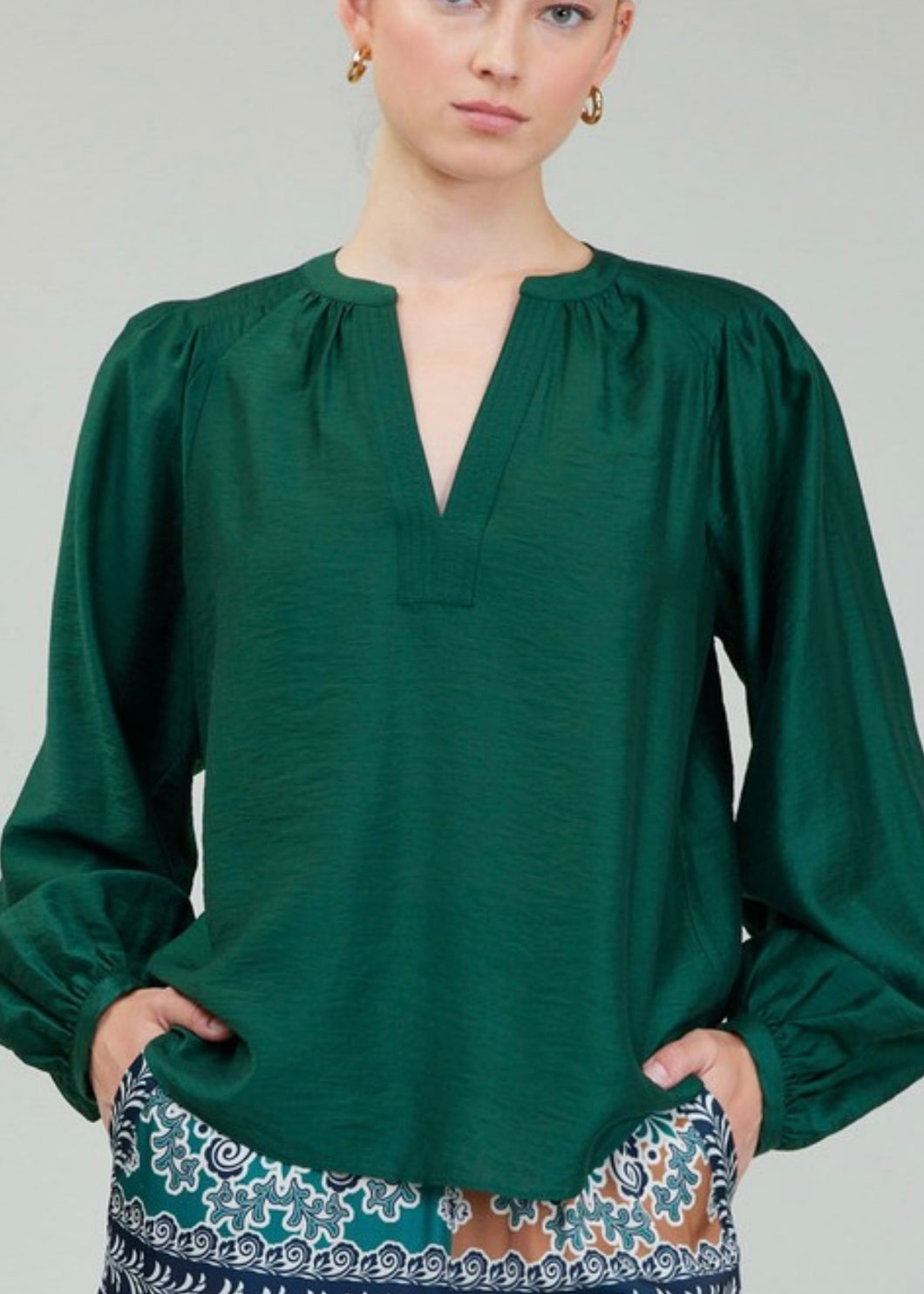 Jewel Green Split Neck Blouse