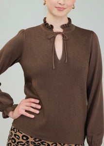 Brown Ruffled Collard Sweater