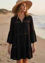 Load image into Gallery viewer, One Size Button Front Lace Trim Beach Shirt Dress

