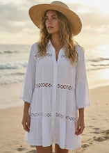 Load image into Gallery viewer, One Size Button Front Lace Trim Beach Shirt Dress
