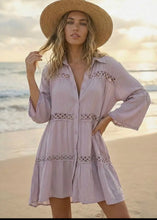 Load image into Gallery viewer, One Size Button Front Lace Trim Beach Shirt Dress

