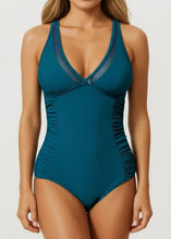 Load image into Gallery viewer, Ruched Sides Sheer V Neck One Piece Swimsuit
