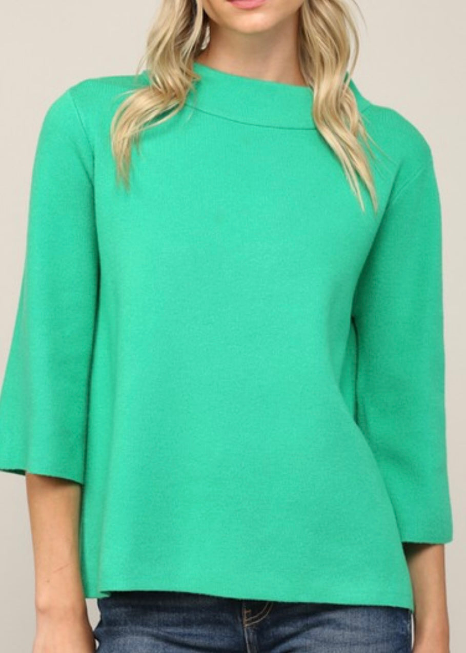 Kelly Green Mock Neck Bell Sleeve Sweater