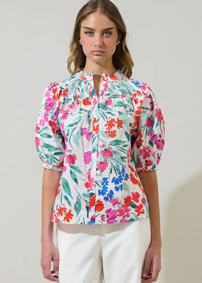 Kivia Blossom Smocked Mock Neck Top