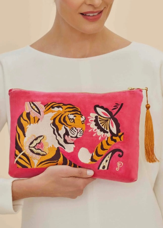 Velvet Tiger Embroidered Zip Pouch